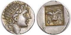 ISLANDS OFF CARIA. Rhodes. Ca. 125-88 B.C. AR Drachm. Plinthophoric issue. Antaios, magistrate. Radiate head of Helios right. Rv. Rose with leaf to right; in left field, arrowhead(?) pointing downward