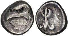 ELIS. Olympia. 93rd Olympiad, 408 B.C. AR Stater. Head of eagle left; below, large leaf. Rv. Thunderbolt, wings above and volutes below, within olive wreath. 11.71 grams. BCD Olympia 77 (same dies). S