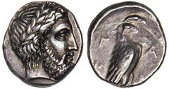 ELIS. Olympia. 109th Olympiad, 344 B.C. AR Stater. Kri..., magistrate. Laureate head of Zeus right. Rv. Eagle standing right on capital of Ionic column, wings folded. 11.96 grams. BCD Olympia 150 (sam