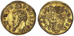 ITALIAN STATES. MILAN. Filippo II d'Asburgo, 1556-1598. Scudo d'oro, n.d. Circle like a nimbus encloses bearded head l. in open coronet, PHILIPPVS REX. ETC., Flaming Sun at top. Rv. MEDIO - LANI . D a